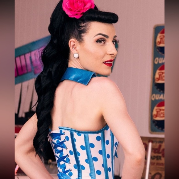 Corset Story | UNIQUE Steel-Boned Cyan Polkadot Halter Overbust Corset, US4, NWT - Picture 5 of 16